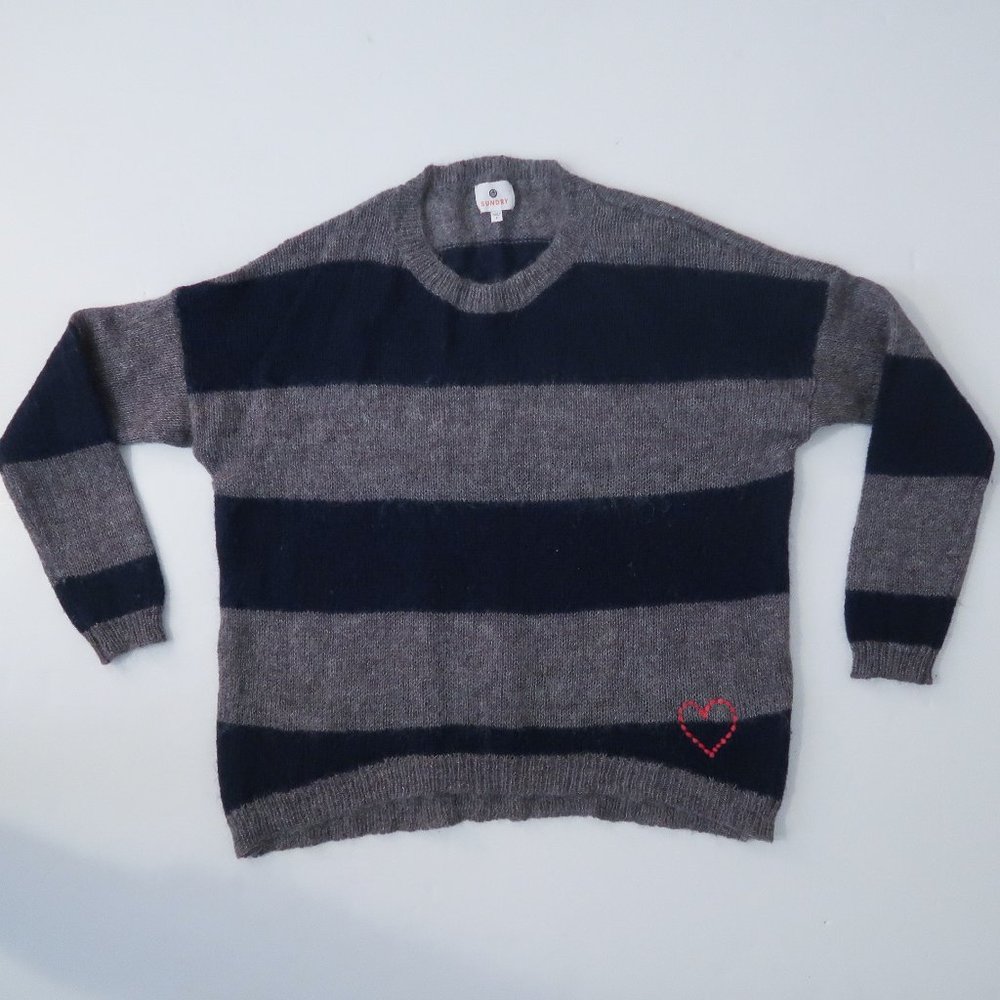 Sundry blue & gray striped mohair embroidered heart sweater sz. Medium